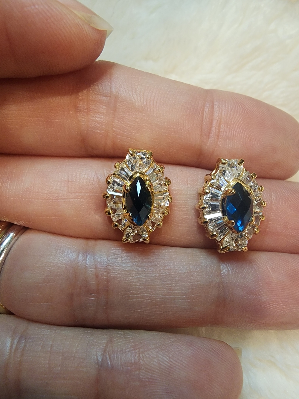 14K HGE Blue Marquise Clear Stone Statement Stud Earrings Gold Tone